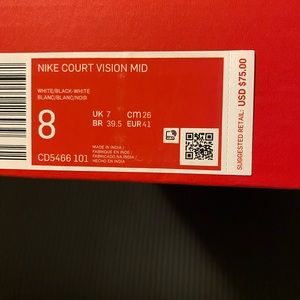 Nike Court Vision Mid White Black Size 8
